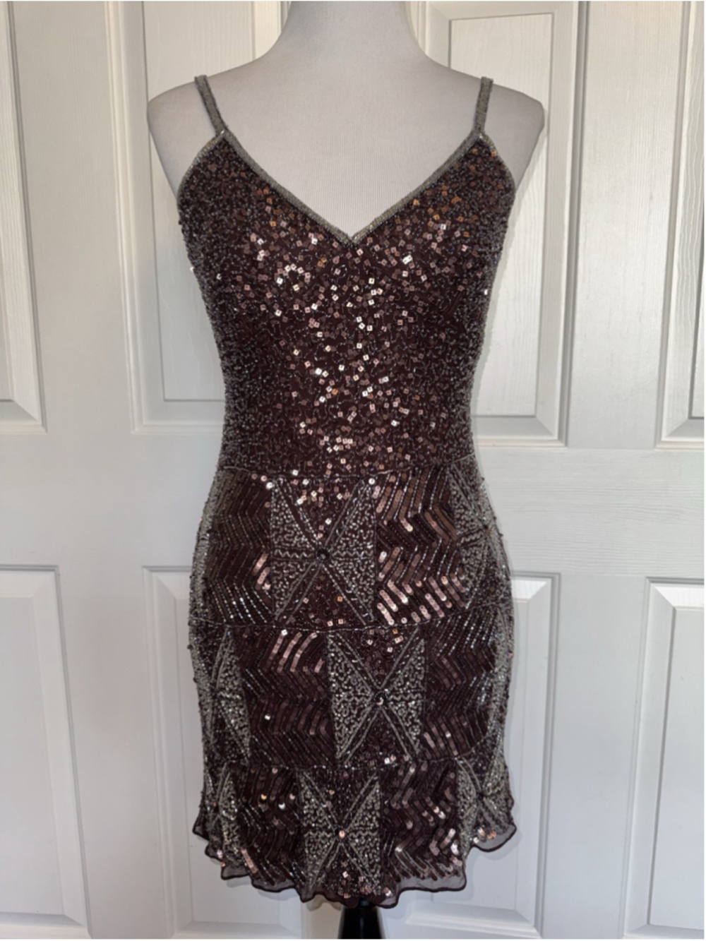 Vintage Aftershock 100% Silk Beaded Sequin Mini Dress Y2K Brown Cocktail Glam